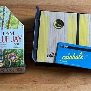 EUC I am Blue Jay Bird Shaped Jigsaw Puzzle + Coinhole Tabletop Game